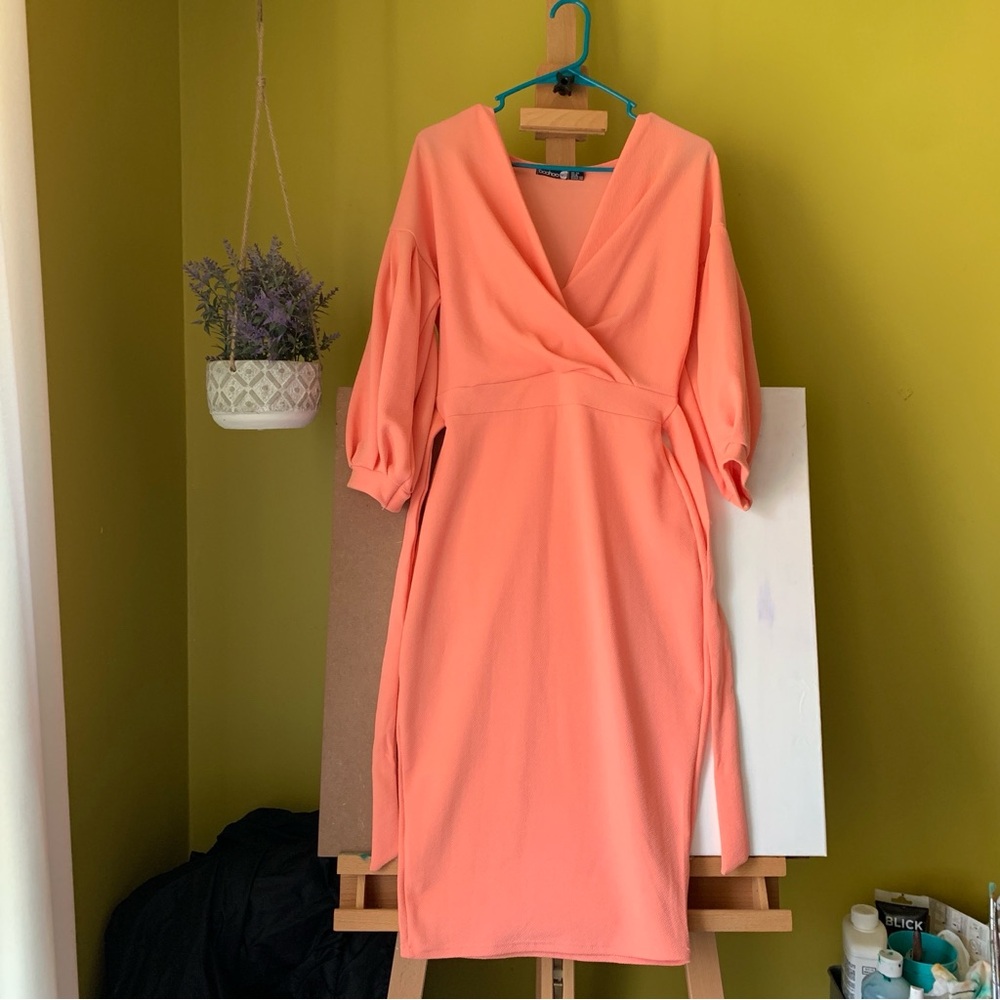 Boohoo Vibrant Coral Long Sleeve Dress